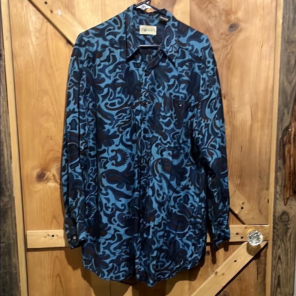 Blue Casual Button Down Shirt with Ornate Design